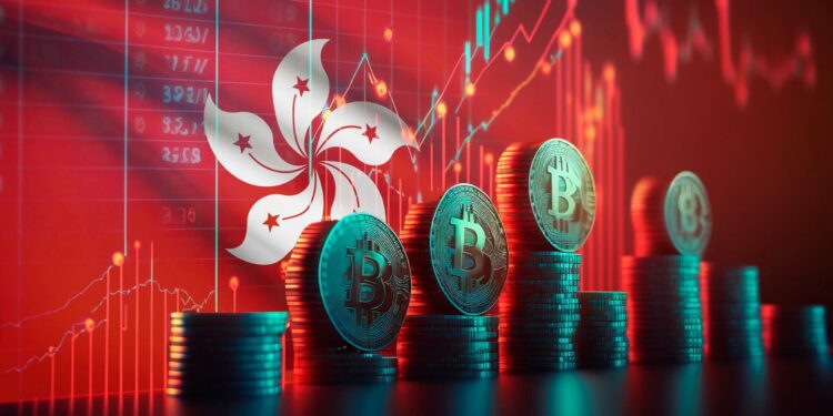 Exchange de bitcoin y bandera de Hong Kong.