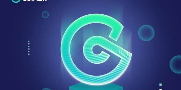 Logo de CoinEx sobre pedestal.