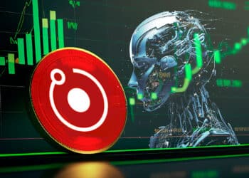 moneda de render token junto a inteligencia artificial con grafico de precio ascendente en pantalla del fondo