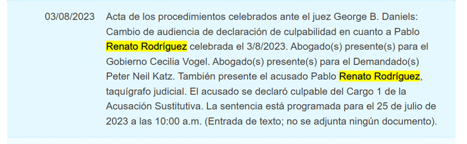 Declaración de culpabilidad de Renato Rodriguez.