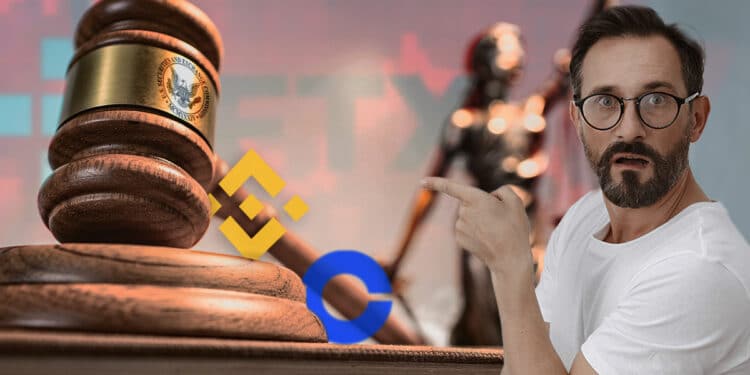 persona soprendida señalando martillo de jues con logos de SEC, Binance y Coinbase con grafico en rojo y logo de FTX en el fondo