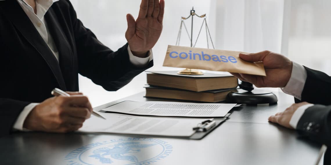 persona rechazando documentos con logo de Coinbase sobre escritorio legal con logo de la SEC estampando