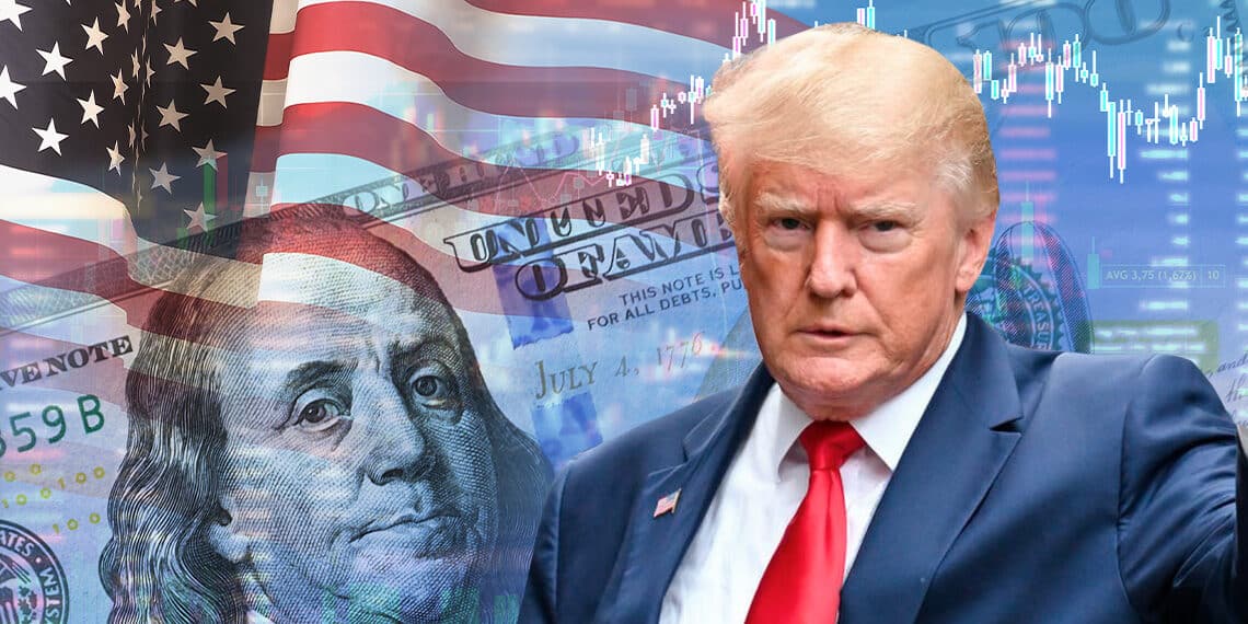 Trump junto a dolar y bandera de Estados Unidos.