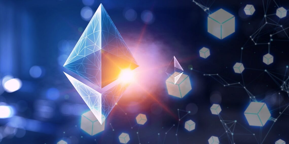 logo de ethereum con cadena de bloques digital superpuesta