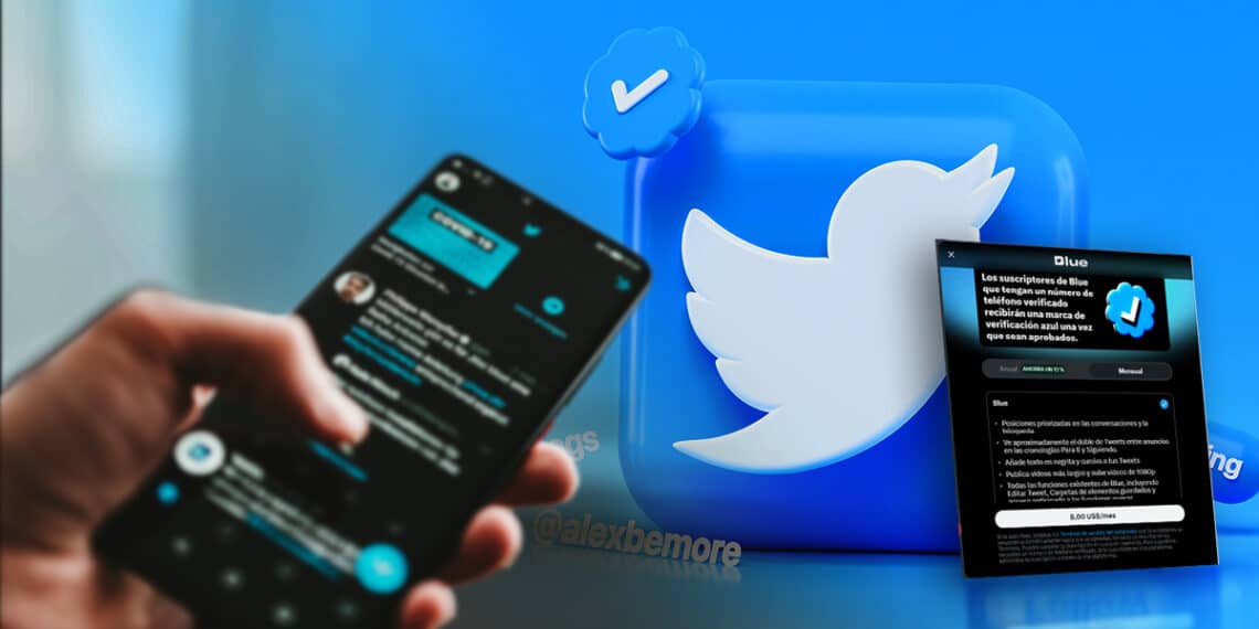 mano sosteniendo telefono movil con twitter en pantalla con logo de twitter en el fondo