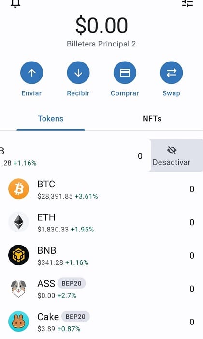 desactivar tokens en la interfaz de Trust Wallet
