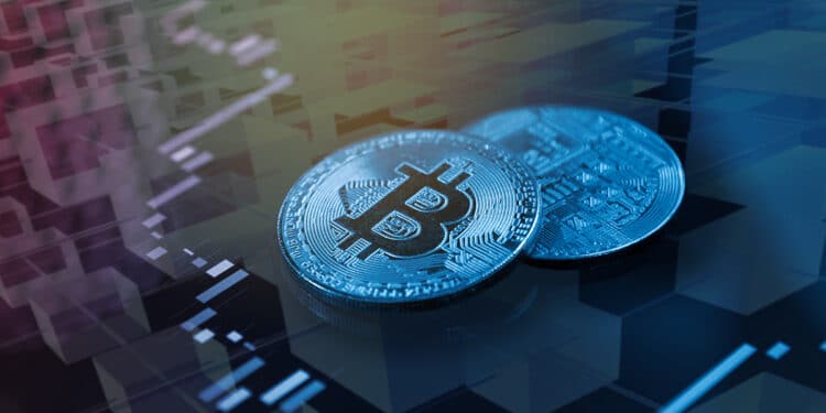 monedas de bitcoin sobre pantalla con grafico de precio y cadena de bloques en el fondo