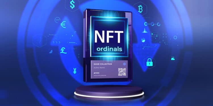 tarjeta digital de NFT ordinal sobre plataforma con icono de actualizacion en el fondo