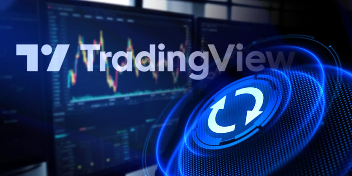 logo de Tradingview sobre pantallas con plataformas de trading en el fondo y botón de actualización superpuesto