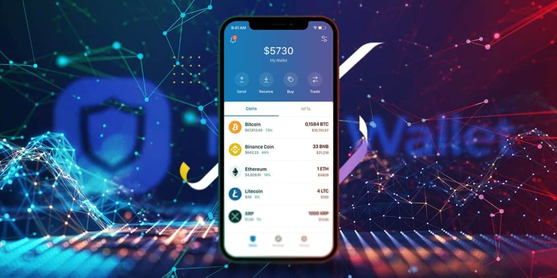 telefono movil con aplicación de Trust Wallet en pantalla sobre plataforma digital con redes digitales y logo de trust wallet en el fondo