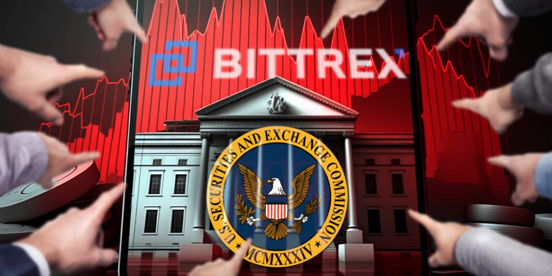 manos señalando logo de la SEC sobre edificio con grafico cayendo en rojo y logo de Bitrex en el fondo