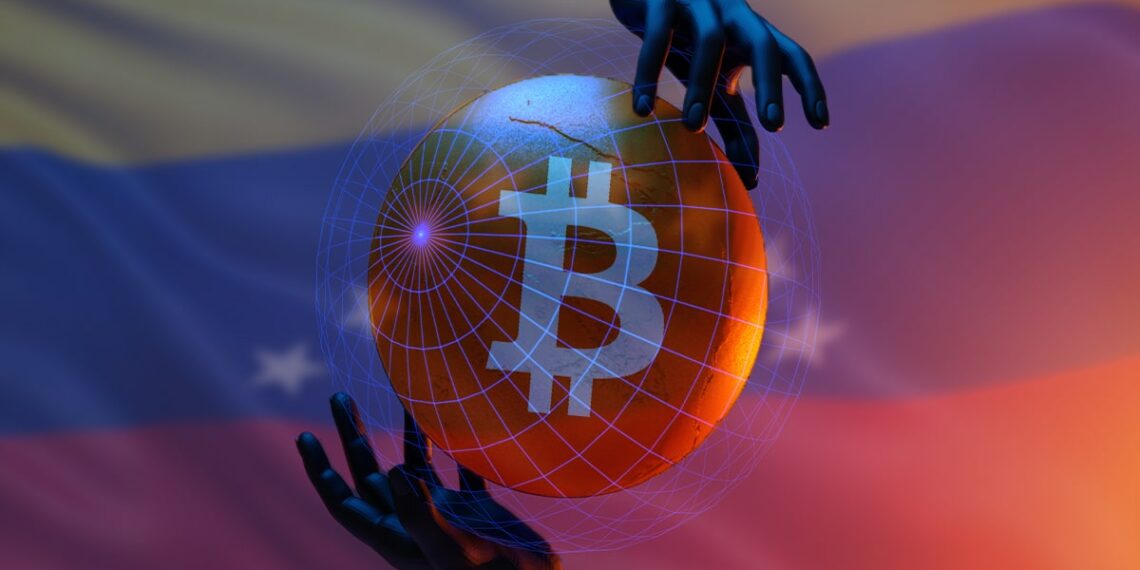 manos sosteniendo globo con logo de Bitcoin y bandera de Venezuela en el fondo