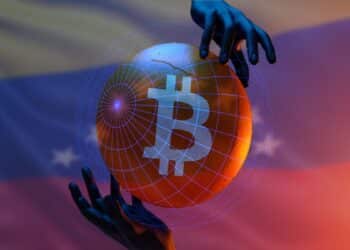 manos sosteniendo globo con logo de Bitcoin y bandera de Venezuela en el fondo