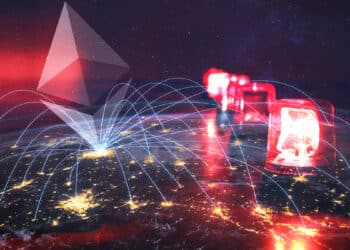 logo de ethereum en centro de conexión digital junto a lamparas de alarma encendidas