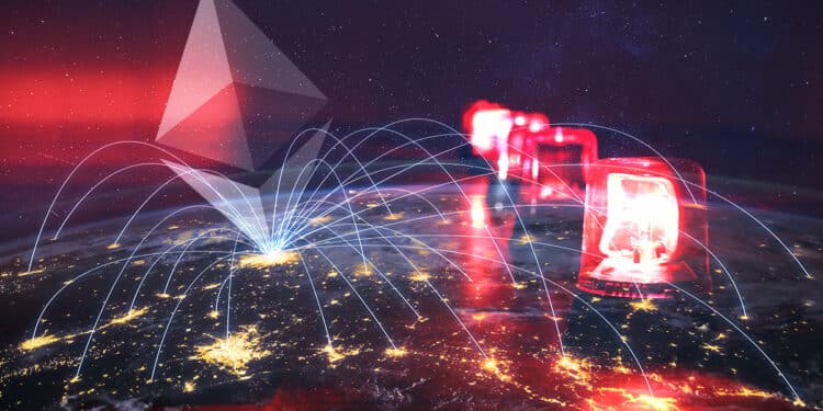 logo de ethereum en centro de conexión digital junto a lamparas de alarma encendidas