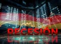 Recesión sobre mesa de cristal resquebrajada con pantallas de información de pantalla y graficos en el fondo