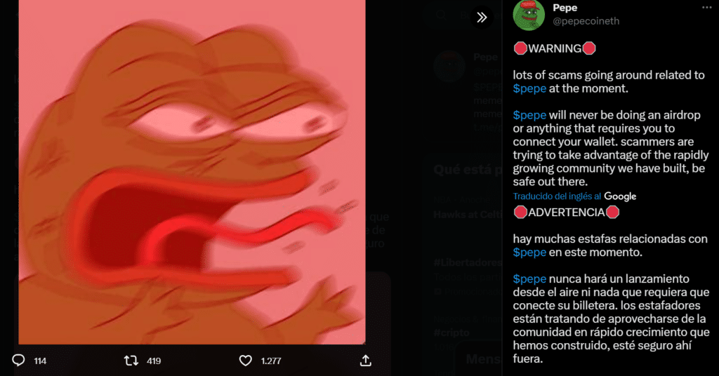 El perfil de PEPE en Twitter advierte sobre estafas relacionadas con esta nueva memecoin. Fuente: Twitter @pepecoineth