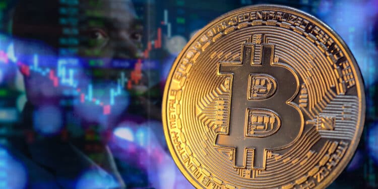 moneda de bitcoin con analista de precio y graficos de precio en el fondo