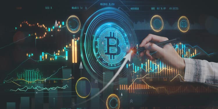 mano señalando flecha en ascenso sobre moneda digital de bitcoin con graficos de precio