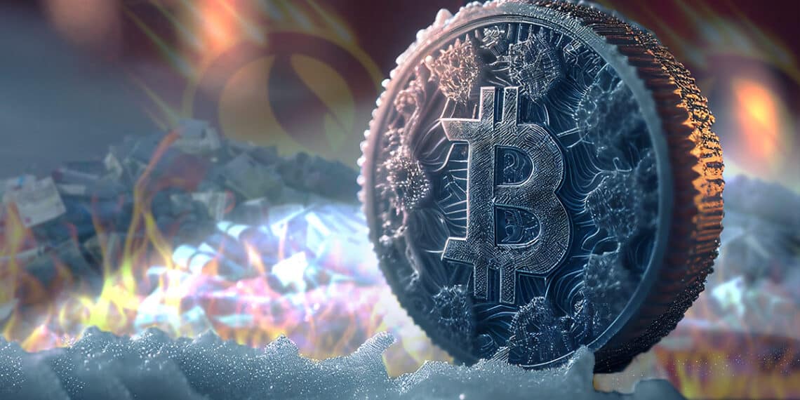 moneda de bitcoin congelada con caida de terra en el fondo