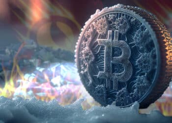 moneda de bitcoin congelada con caida de terra en el fondo