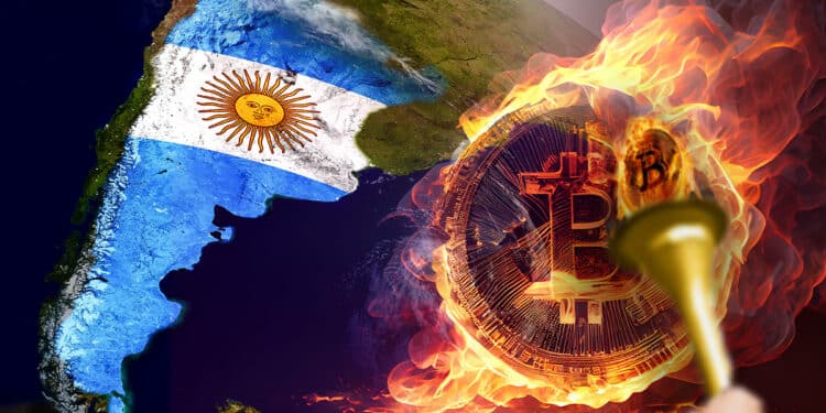 persona sosteniendo antorcha de bitcoiun con mapa de sur america en globo terraqueo con bandera de Argentina sobre territorio