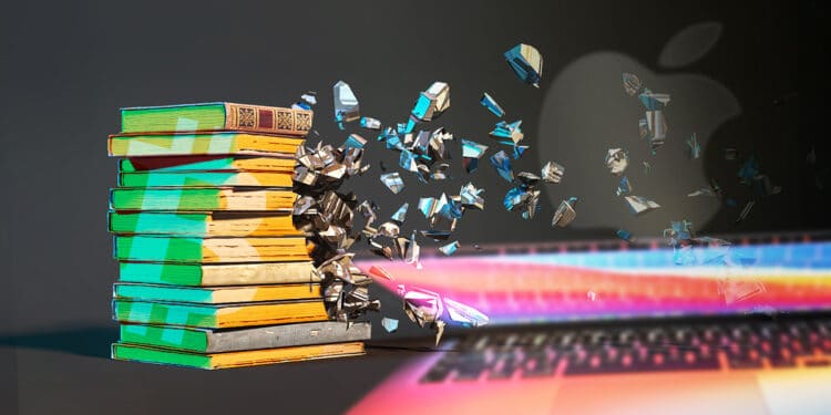 libros con logo de Bitcoin desintegrandose con laptop y logo de apple en el fondo