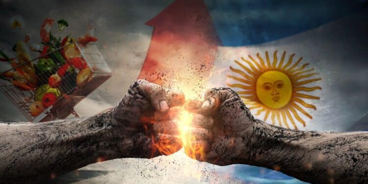 puños chocando en batalla con inflación de alimentos junto a bandera de argentina en el fondo