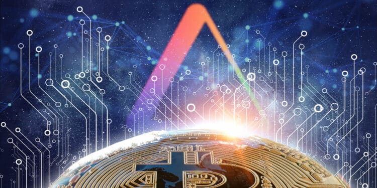 moneda de bitcoincon red digital con logo de ARK en el fondo