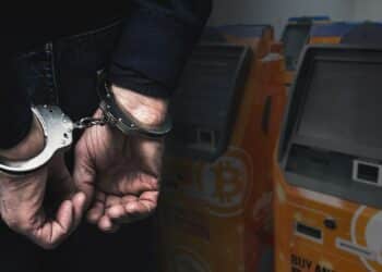 hombre arrestado con esposas sujetando sus manos con cajeros de bitcoin en el fondo