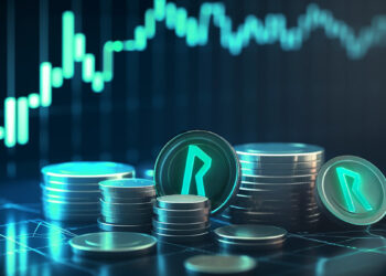 monedas con logo de Rune Token, de thorchain entre monedas apiladas con grafico de precio en aumento en el fondo