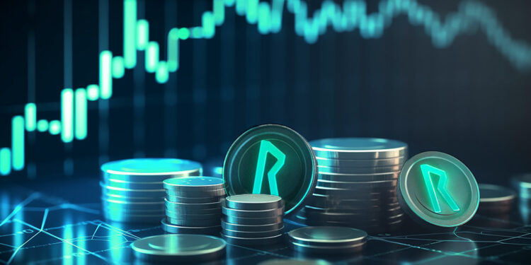 monedas con logo de Rune Token, de thorchain entre monedas apiladas con grafico de precio en aumento en el fondo