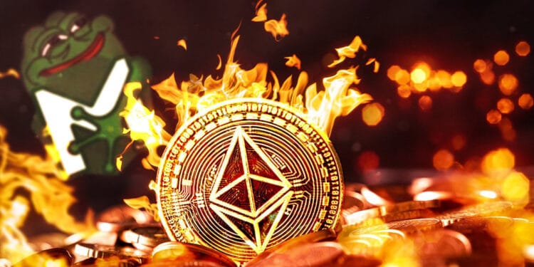 moneda de ethereum en llamas con meme de PEPE en el fondo