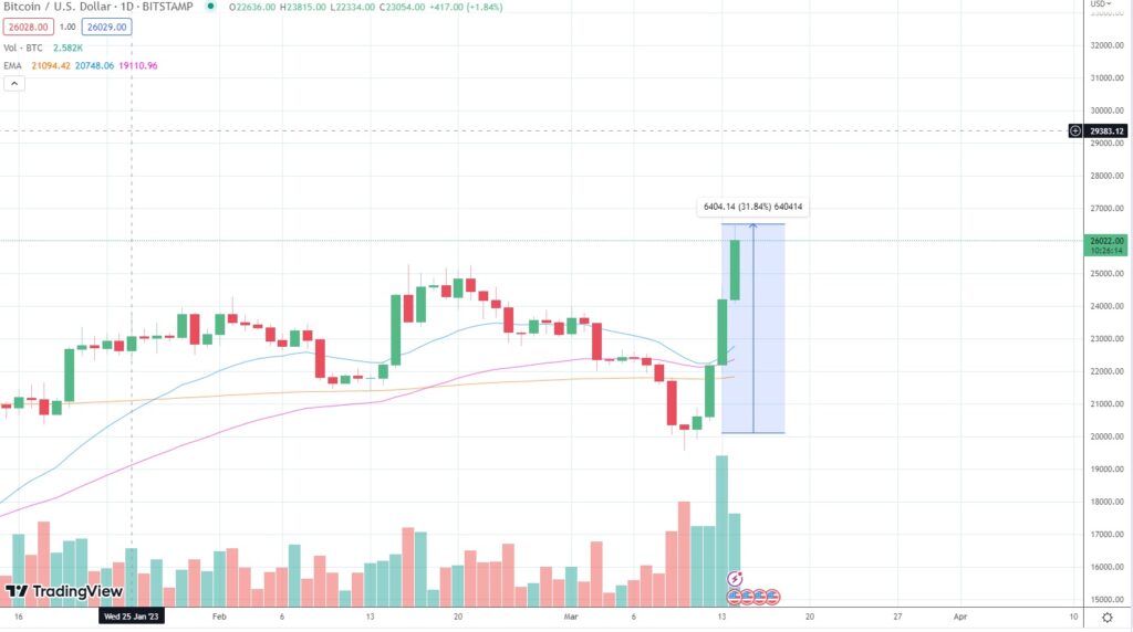 grafico muestra aumento de 31,84% en el precio de bitcoin en paridad con el dolar estadounidense, alcanzando un valor de USD 26.022,00 el 14 de marzo del 2023