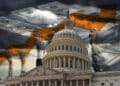 Congreso de los Estados Unidos con billetes de dolares apilados y manos sosteniendo flecha señalando aumento en el fondo