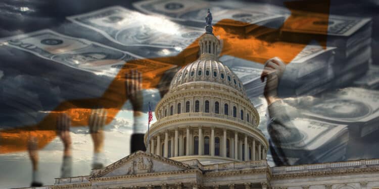 Congreso de los Estados Unidos con billetes de dolares apilados y manos sosteniendo flecha señalando aumento en el fondo