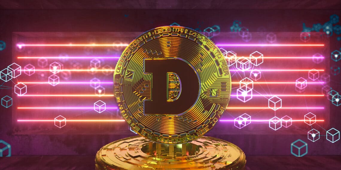 moneda de dogecoin con red digital de bloques en el fondo