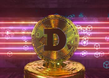 moneda de dogecoin con red digital de bloques en el fondo