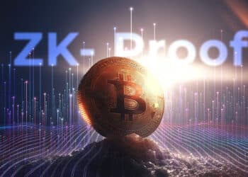 moneda de bitcoin entre red digital con ZK proof en el fondo