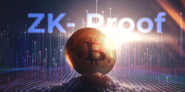 moneda de bitcoin entre red digital con ZK proof en el fondo