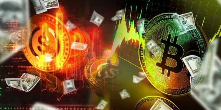 moneda de bitcoin junto a moneda de stablecoin con graficos superpuestos y billettes de dólares cayendo en frente