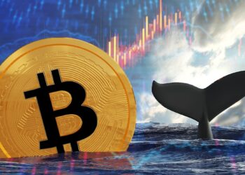 moneda de bitcoin junto a cola de ballena en mar con gaficos de precio de mercado en el fondo