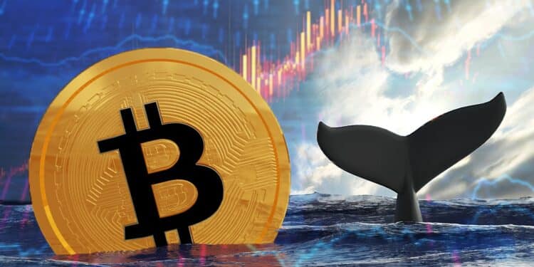 moneda de bitcoin junto a cola de ballena en mar con gaficos de precio de mercado en el fondo
