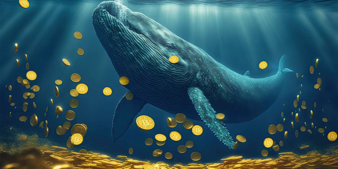 ballena en el mar sobre monedas de bitcoin