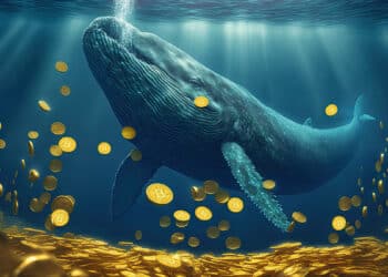 ballena en el mar sobre monedas de bitcoin