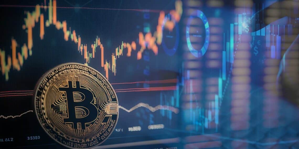 moneda de bitcoin apoyada en pantalla con grafico de precio alcista junto a persona señalando grafico de precio en aumento