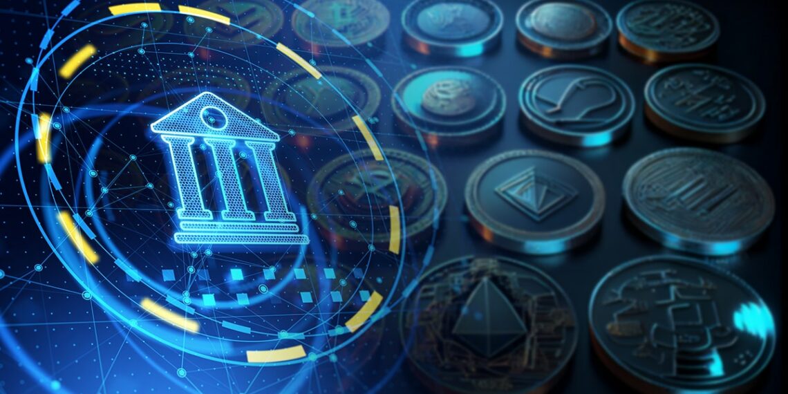 banco digital con criptomonedas en el fondo