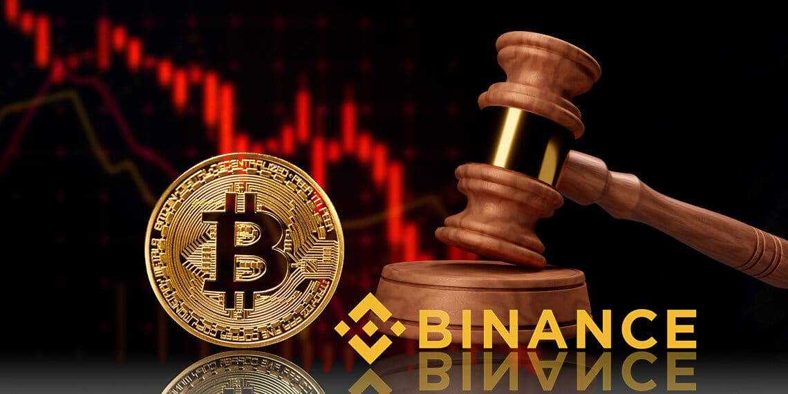 Bitcoin, logo de Binance y martillo de ley.