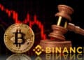 Bitcoin, logo de Binance y martillo de ley.