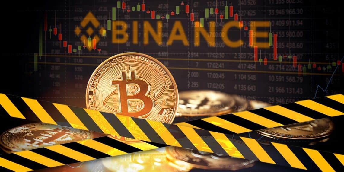 monedas de bitcoin en frente de pantalla de mercado con logo de binance y bandas superpuestas